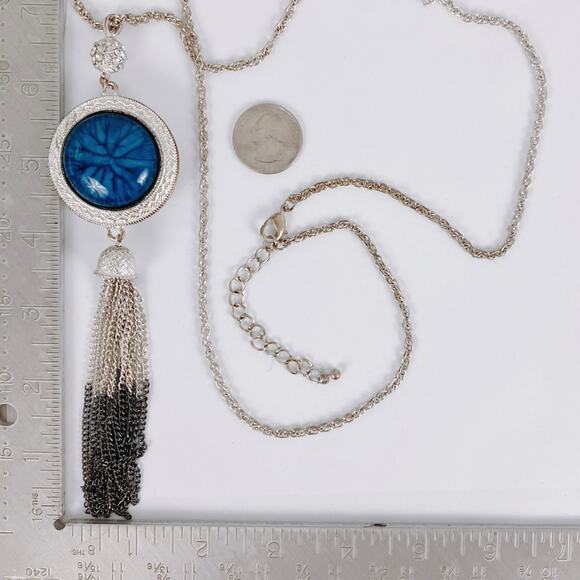 VTG Silver Tone Tassel Necklace Blue Cabochon Rhinestone Long Pendant Bold Retro - Picture 10 of 13